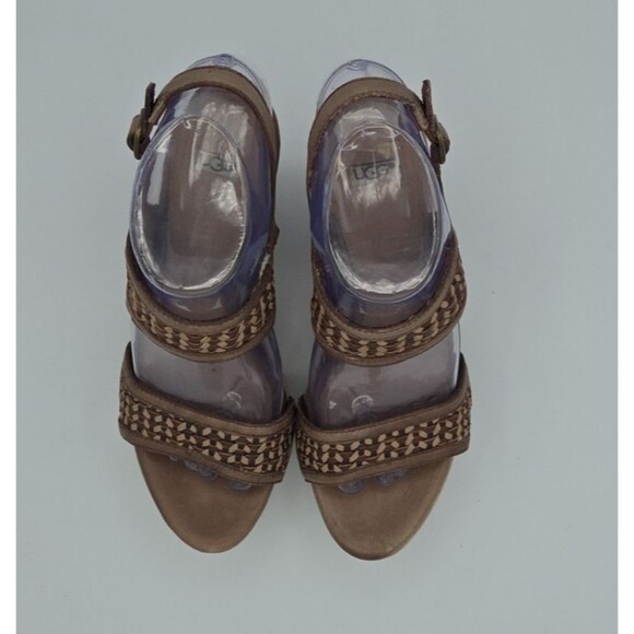 UGG ASSIA CHOCOLATE LEATHER STRAPPY WEDGE HEELS, WOMEN US 7.5/ EUR 38.5 - Picture 4 of 11